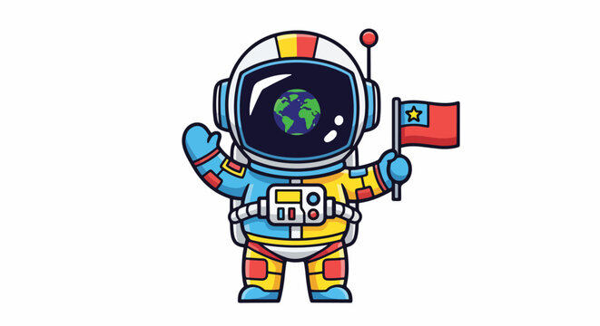 Cartoon astronaut waving a hand holding a flag of Tonga with planet Earth in the helmet