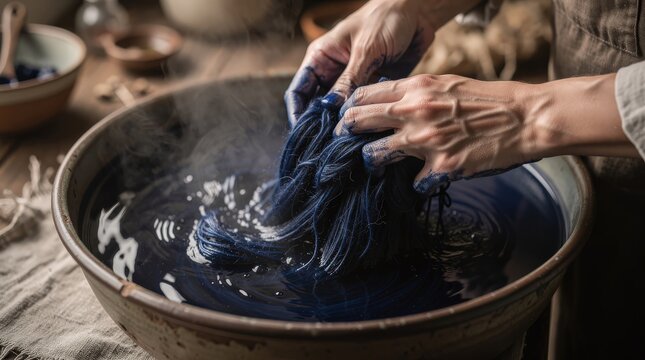 Hands dye fabric blue using traditional indigo dye bath in a rustic setting, showcasing artisanal textile craft.