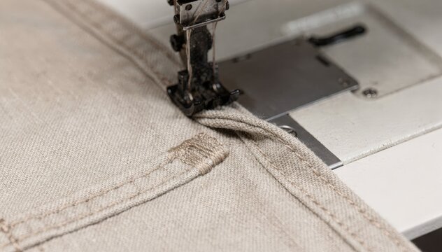 Close medium view capturing a precise bartack process using matching thread on pocket corners highlighting subtle reinforcement for everyday wear.