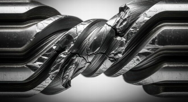 Extreme macro view of a fractured metal screw thread showing stress and damage