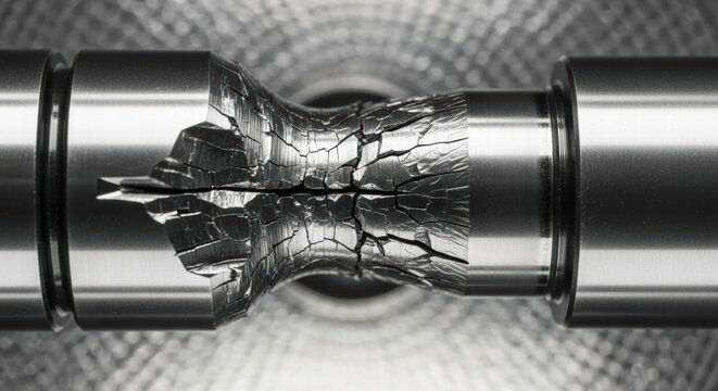 Extreme macro view of a fractured metal shaft showing brittle fracture and material fatigue
