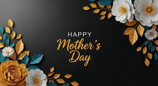 Happy Mothers Day floral greeting card with white and gold flowers on black background for Mother's Day celebration