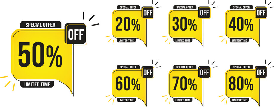 Special Offer and Limited Time Off Stickers 20, 30, 40, 50, 60, 70, 80 percent, In Black and Yellow Colour, Vector illustrator.