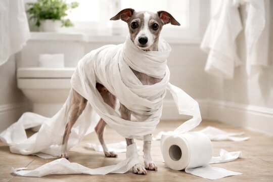Playful dog wrapped in toilet paper.