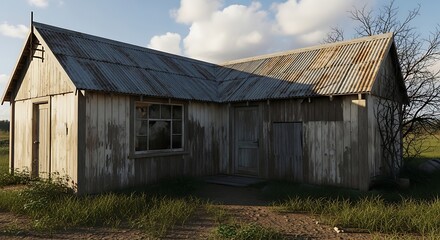Fototapeta premium Weathered wooden structure in a rural setting under cloudy skies.