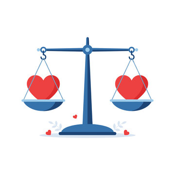 A balanced scale weighs two red hearts of equal value.