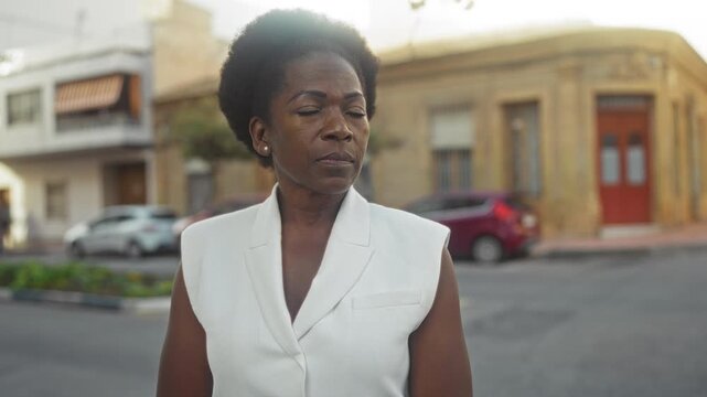 Woman with visible face standing and looking forward on a street in front of brick buildings, wearing sleeveless white vest; contemplation.