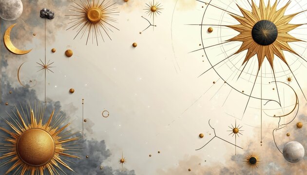 Celestial abstract art with sun moon stars and constellations. Cosmic graphic design shows zodiac symbols and planetary orbits. Mystical background for horoscope forecast and destiny interpretation.