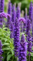 Obraz premium Vibrant Purple Sage Blooms in Lush Garden Setting.