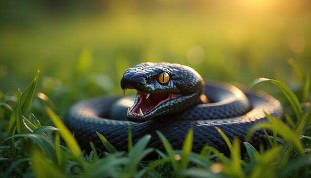 Black snake with open mouth and fangs rests coiled on green grass. Reptile shows danger with yellow eyes. Animal hides in lush vegetation at sunset light.