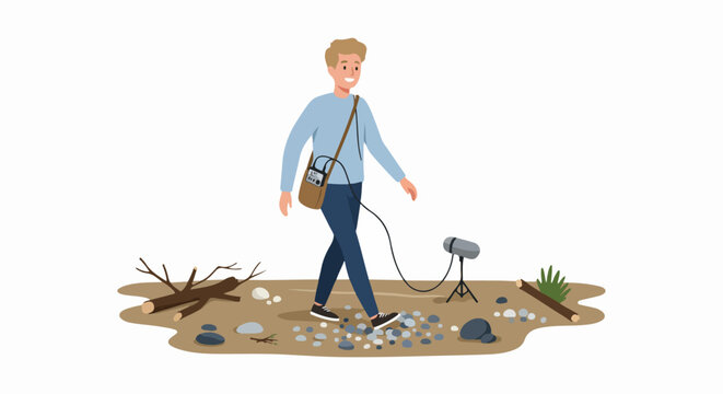 Sound engineer or foley artist recording footsteps on gravel with professional audio equipment for film and television production.