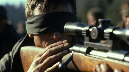 Fototapeta premium Blindfolded Shooter Aiming with Precision in Outdoor Setting