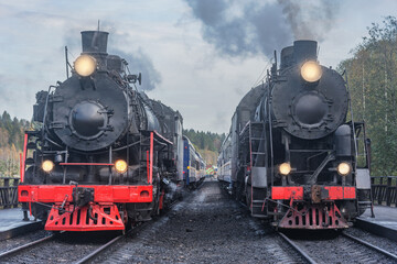 Naklejka premium Steam retro trains stand by the platforms. 
