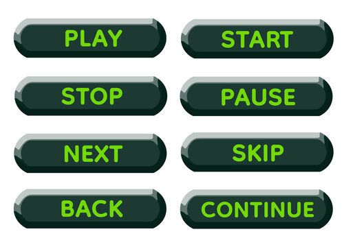 Dark Green 3D Media Control Button Set with Bright Lemon Green Typography &ndash; Glossy Rounded UI Elements, Fresh Modern Interface Design, Minimal Clean Style, Isolated on Transparent Background PNG