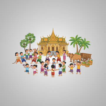 Vibrant Illustration of Cambodian People Celebrating Khmer New Year with Traditional Games and Folk Dancing