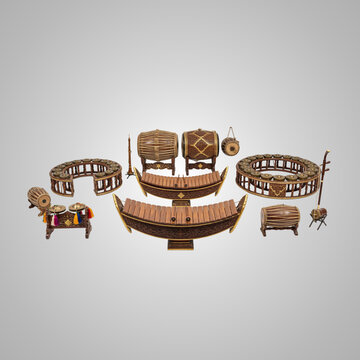 Exquisite Set of Traditional Thai Musical Instruments Arranged Neatly Against a Neutral Studio Backdrop