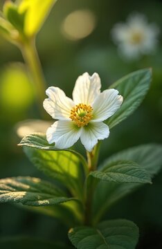 White thimbleberry flower with green leaves. Sun light shines on petals and foliage. Gentle spring bloom in natural setting. Close up detail.
