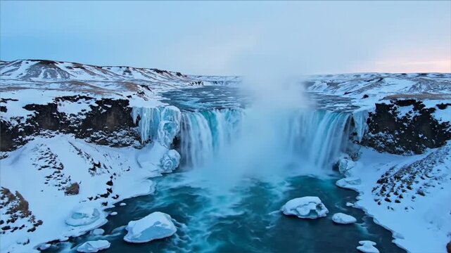 Aerial view of Godafoss waterfall surrounded by ice and snow in northern Iceland during winter season at dusk.