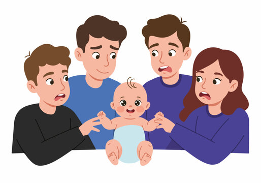 A group of surprised and confused adults looking at a smiling baby, a comical illustration of parenthood and babysitting challenges.