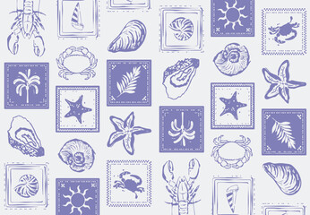 Sea shells, fossils and mollusks seamless pattern. Summer beach hand-drawn seaside vector print. Fashion textile bright multicolored illustration. Seashore elements design for fabrics, wallpaper  © Sketch