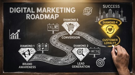 Naklejka premium A digital marketing roadmap illustration on a blackboard with a hand drawing a customer loyalty diamond