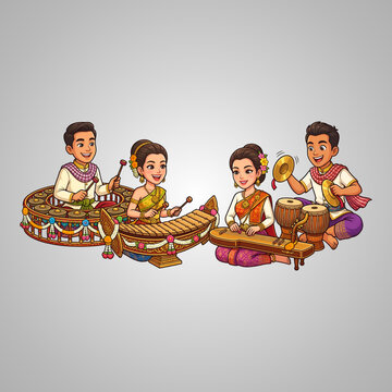 Vibrant Cartoon Illustration of Thai Musicians Playing Traditional Instruments in Beautiful Cultural Attire