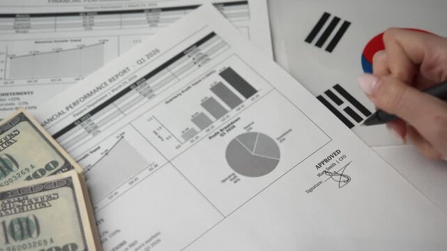 Strategic CFO signs detailed financial record showing profit graphs for international South Korean firm then applies purple approved seal finalizing leadership accord.
