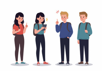 Fototapeta premium Diverse Group of Students with Backpacks Standing and Interacting in a Flat Illustration Style