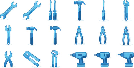 Fototapeta premium Hand tools and power drill collection with wrenches, hammers, pliers and screwdrivers, clean vector illustration set for repair, maintenance, construction and mechanical work design