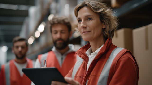 Lean manufacturing team conducts a five-S audit on a components rack, one worker labeling bins in red tape, another photographing the area with a tablet, tidy factory aisle stretching behind, ideal 