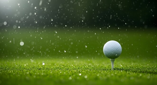 Golf ball on a tee on a green grass course in rain