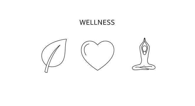 Wellness icons featuring a leaf heart and yoga pose silhouette
