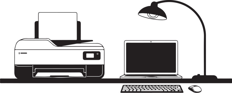 Black and white office workspace with printer laptop keyboard