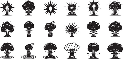 Explosion, blast, boom, detonation, atomic bomb icons, 20 nuclear explosion vector graphics © Nayeem
