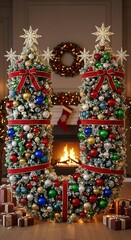 Fototapeta premium Festive Christmas Tree Decorations with Fireplace and Gifts.