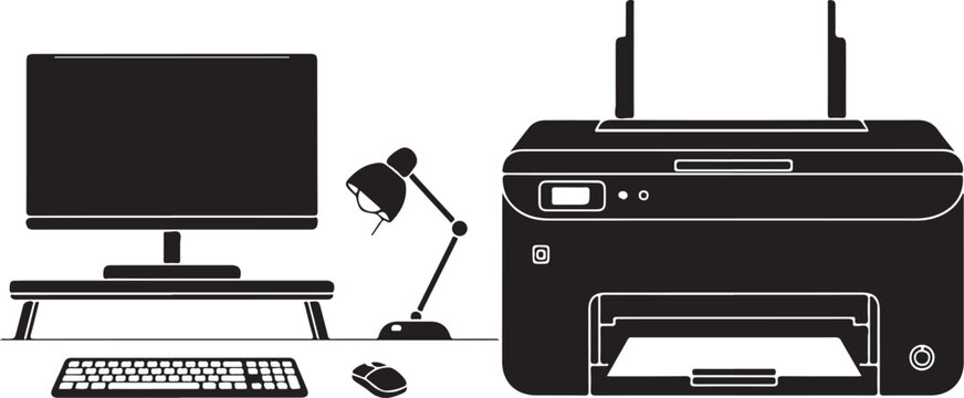 Black and white office workspace with computer printer