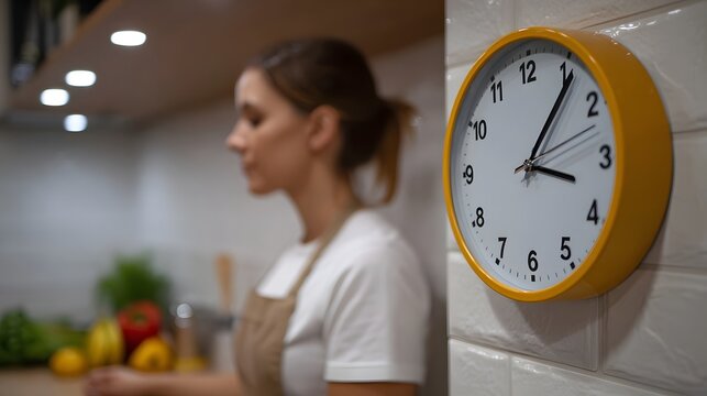 A bright yellow analog clock displayed on tiled wall in a minimalist kitchen while a person works in the background