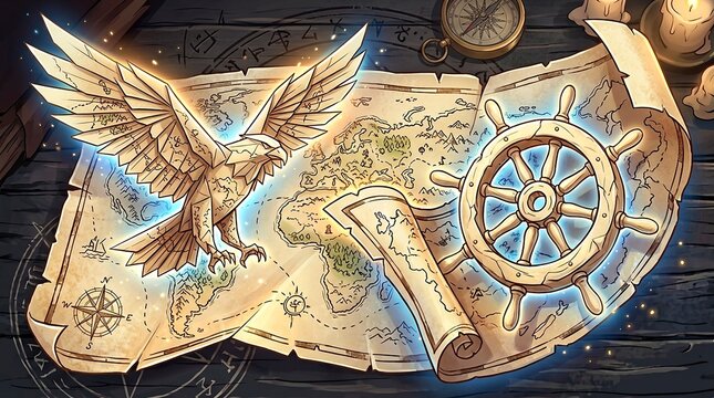 Nautical map with bird, compass, and ship wheel
