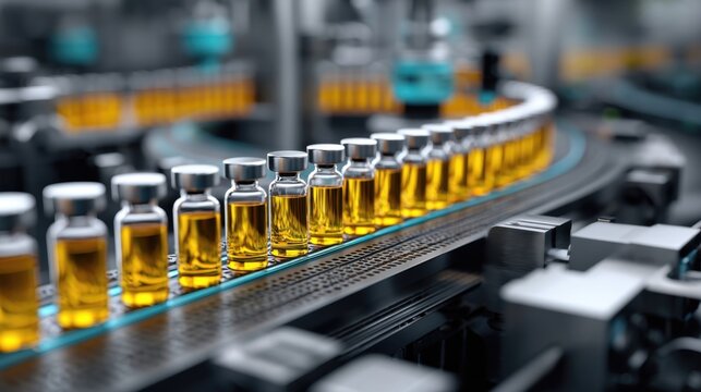 Pharmaceutical production line with glass vials filled with liquid medicine moving on a conveyor system in a modern factory, showcasing automated drug manufacturing and sterile industrial processes.Ge