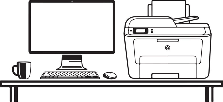 Office workspace with computer printer and coffee cup monitor