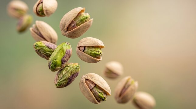 diagonal flow of roasted green pistachios in air for culinary concepts