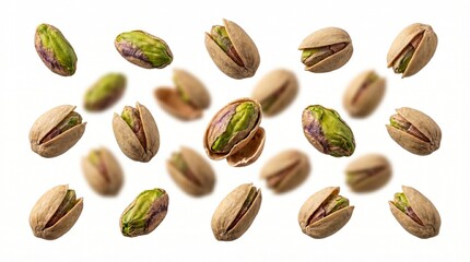 Obraz premium Pistachio Nuts Levitating On White Background For Healthy Snack Advertising