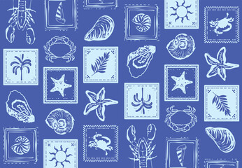 Sea shells, fossils and mollusks seamless pattern. Summer beach hand-drawn seaside vector print. Fashion textile bright multicolored illustration. Seashore elements design for fabrics, wallpaper  © Sketch