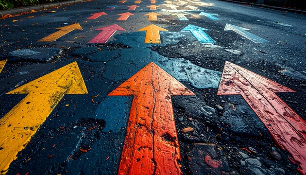 Colorful arrow markings painted on a cracked, weathered asphalt road, leading in various directions