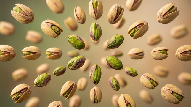 Salted pistachio nuts floating in radial pattern for healthy snack branding layout