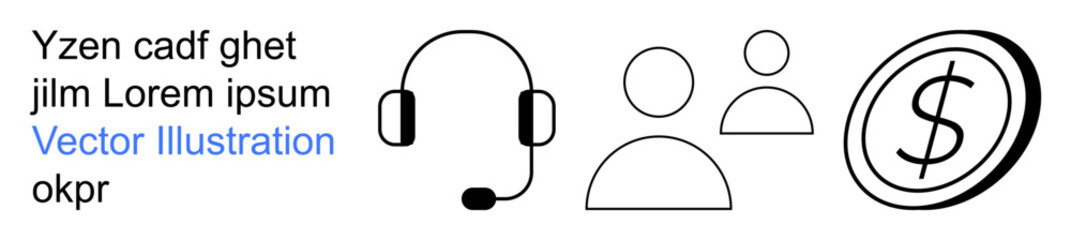 Obraz premium Customer support, financial transactions, online payments, teamwork, communication, technology. Headset, user profiles and dollar icon arranged together. Customer support and financial transactions