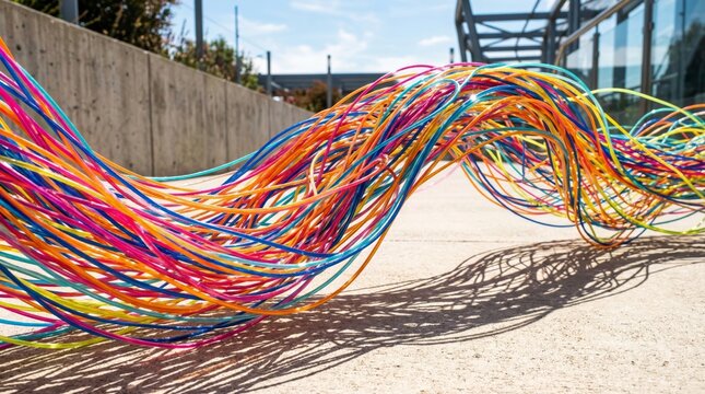 Complex bundle of colorful fiber optic cables glowing in daylight, telecommunication technology concept, high-speed internet data transfer, vibrant industrial wires, futuristic connection.