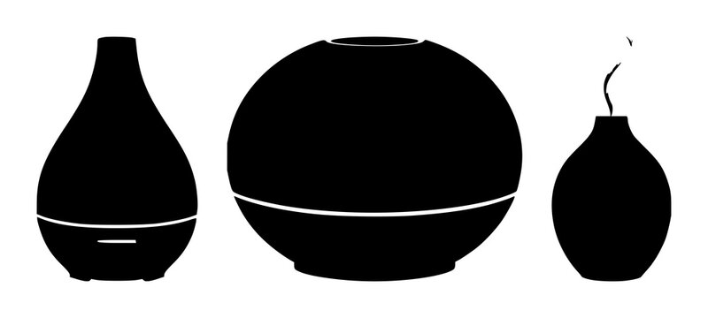 Aromatherapy oil diffuser set with solid black icon on a white background featuring aromatherapy, oil diffuser, icon with black and white and vector illustration