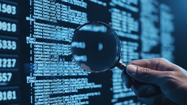 Hand holding magnifying glass over computer code for tech concepts, digital marketing, and futuristic projects