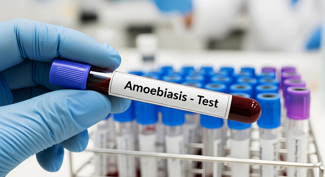 Hand in blue glove holds blood sample tube labeled Amoebiasis Test image